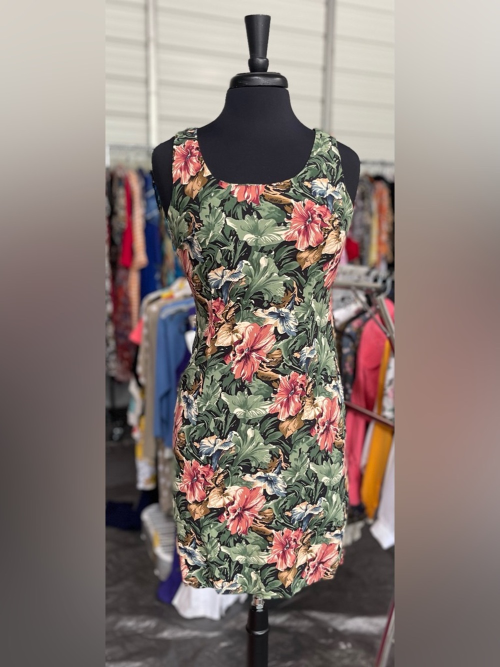 Vintage - Floral Tank Dress in Green and Coral